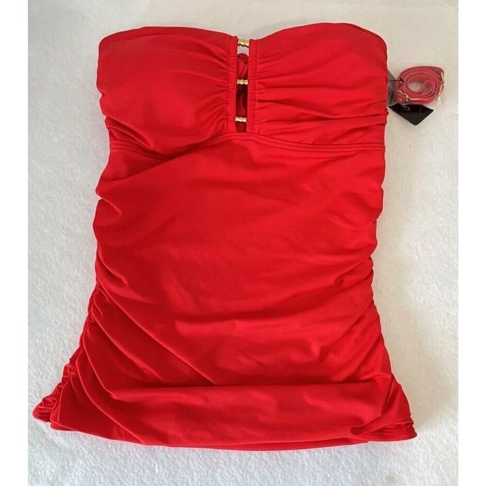 Carmen Marc Valvo Tankini‎ Top Women's M Coral Bandeau Back-Tie Ruche Sides (f1)